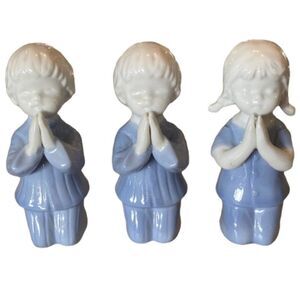 Vintage Made in Japan Small Children Praying Blue & White Ceramic Set of 3